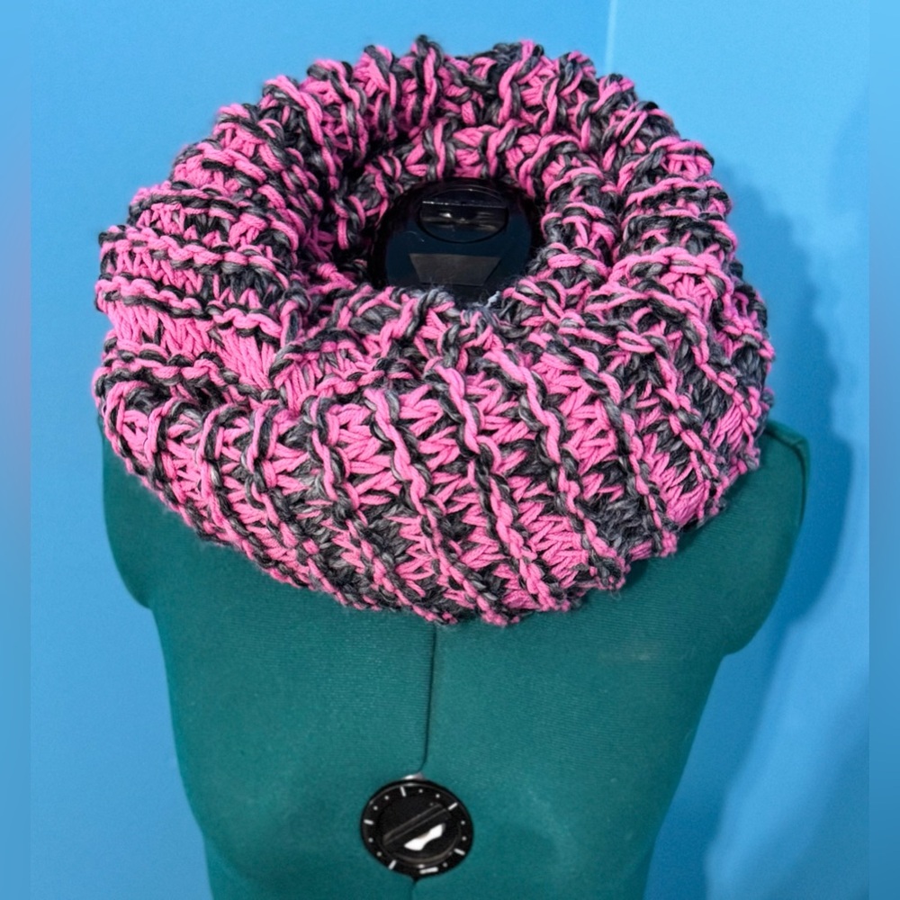 Handmade Hand Crafted Knit infinity scarf pink and gray